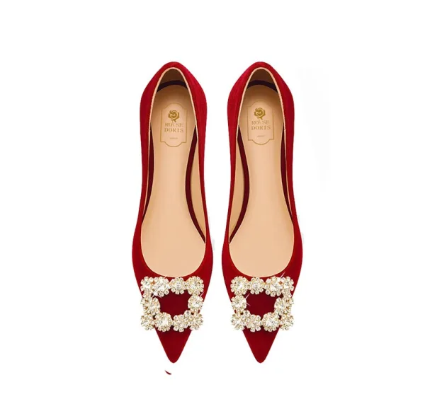 Style Chinois Rouge Faux Diamant Chaussure De Mariée 2026 5 cm Talons Épais À Bout Pointu Mariage Escarpins