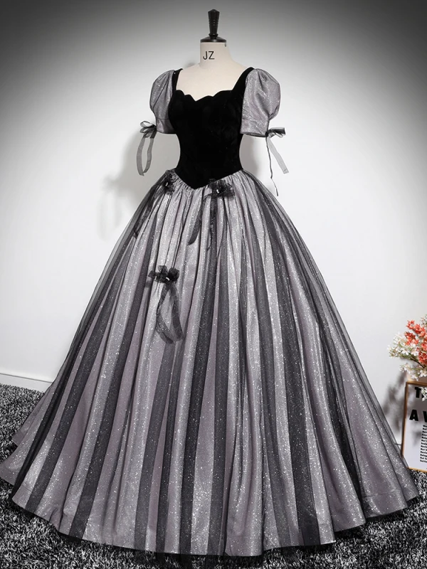 Elegant Black Appliques Glitter Prom Dresses 2024 Ball Gown Square Neckline Short Sleeve Backless Floor-Length / Long Prom Formal Dresses