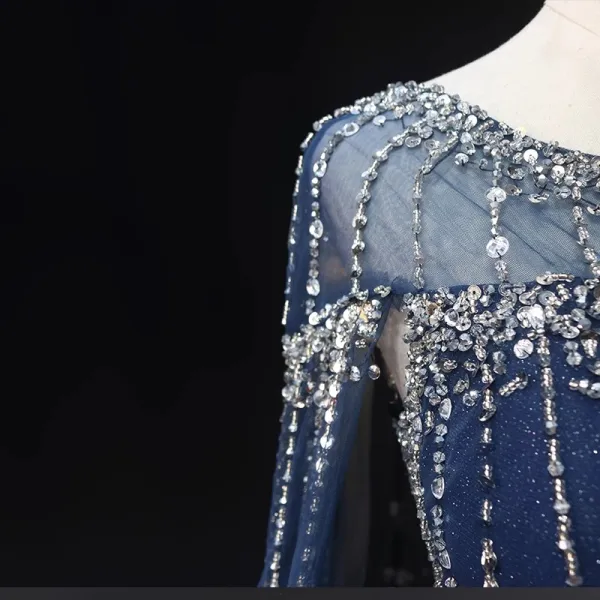High-end Vintage / Retro Navy Blue Handmade Beading Rhinestone Sequins Prom Dresses 2024 Ball Gown Scoop Neck Sleeveless Backless Floor-Length / Long Formal Dresses