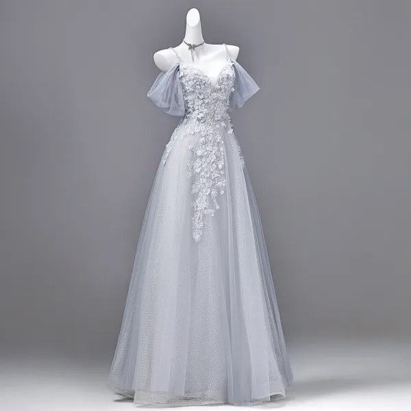 Flower Fairy Prom Dresses Grey Sequins Appliques Prom Dresses 2026 A-Line / Princess Spaghetti Straps Short Sleeve Backless Floor-Length / Long Formal Dresses