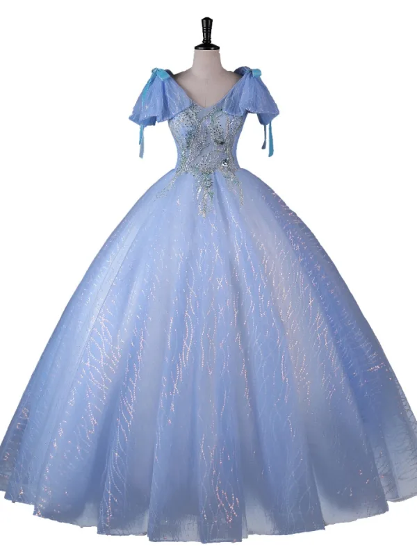 Fashion Sky Blue Beading Sequins Prom Dresses 2023 Ball Gown V-Neck Short Sleeve Bow Backless Floor-Length / Long Prom Formal Dresses
