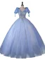 Fashion Sky Blue Beading Sequins Prom Dresses 2023 Ball Gown V-Neck Short Sleeve Bow Backless Floor-Length / Long Prom Formal Dresses