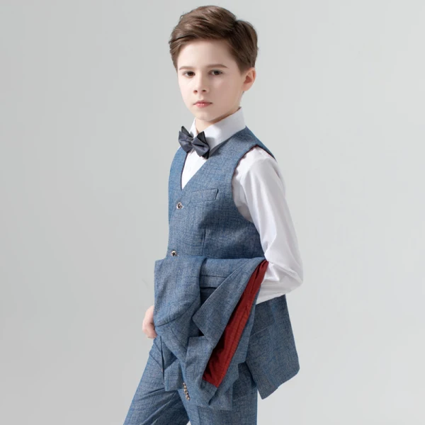 Moderne / Mode Océan Bleu Manches Longues Costume Garçon Mariage 2023 Manteau Pantalon Chemise Cravate Gilet Mariage
