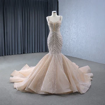 Luxe Scintillantes Champagne Fait Main Perlage Faux Diamant Paillettes Robe De Mariée 2024 Trompette Sirène Bretelles Spaghetti Sans Manches Dos Nu Chapel Train Mariage