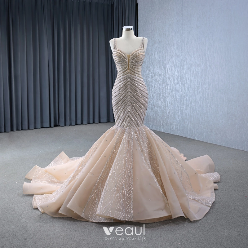 Tulle Spaghetti Straps Champagne Mermaid Wedding Dress With Beadings Tulle Spaghetti Straps Champagne Mermaid Wedding Dress With Beadings