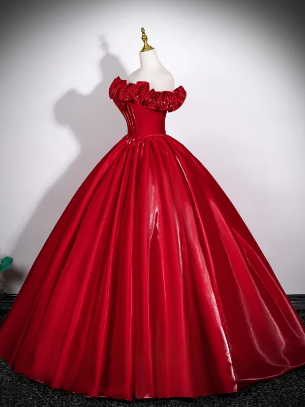 Elegant Burgundy Flower Satin Prom Dresses 2026 Ball Gown Sleeveless Backless Floor-Length / Long Prom Formal Dresses