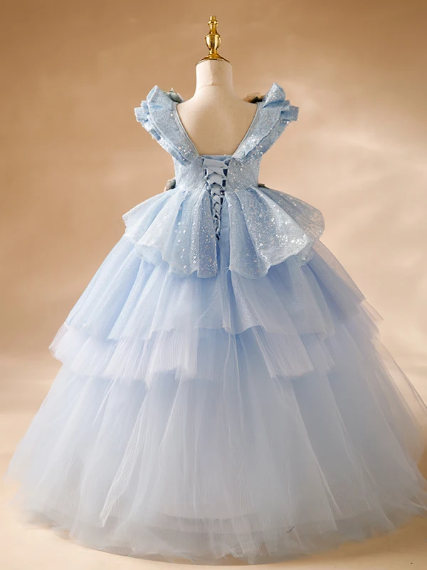 Chic / Beautiful Sky Blue Appliques Sequins Birthday Cascading Ruffles Flower Girl Dresses 2024 Ball Gown Scoop Neck Sleeveless Backless Floor-Length / Long