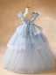 Chic / Beautiful Sky Blue Birthday Sequins Cascading Ruffles Appliques Flower Girl Dresses 2024 Ball Gown Scoop Neck Sleeveless Backless Floor-Length / Long