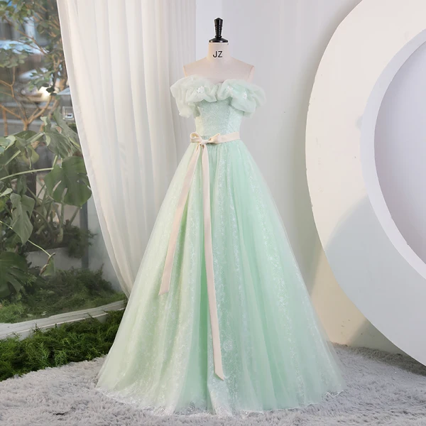 Chic / Beautiful Sage Green Pearl Appliques Prom Dresses 2023 Ball Gown Strapless Sleeveless Backless Bow Sash Floor-Length / Long Prom Formal Dresses