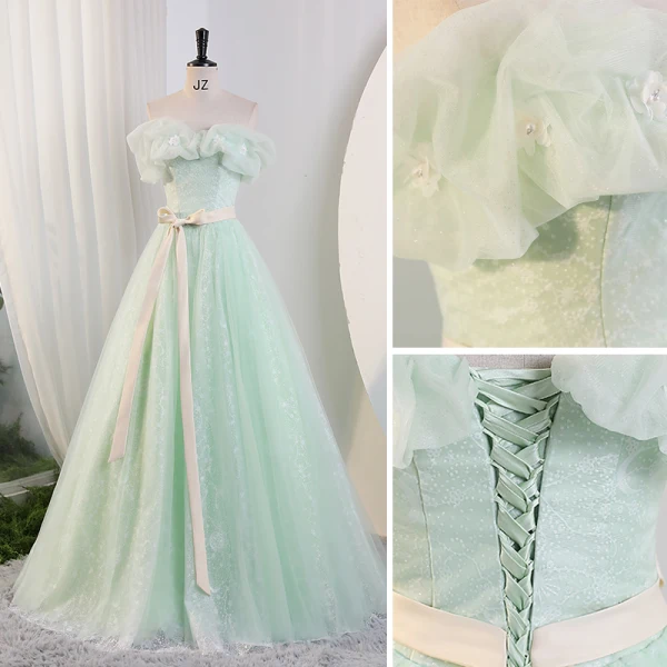 Chic / Beautiful Sage Green Pearl Appliques Prom Dresses 2023 Ball Gown Strapless Sleeveless Backless Bow Sash Floor-Length / Long Prom Formal Dresses