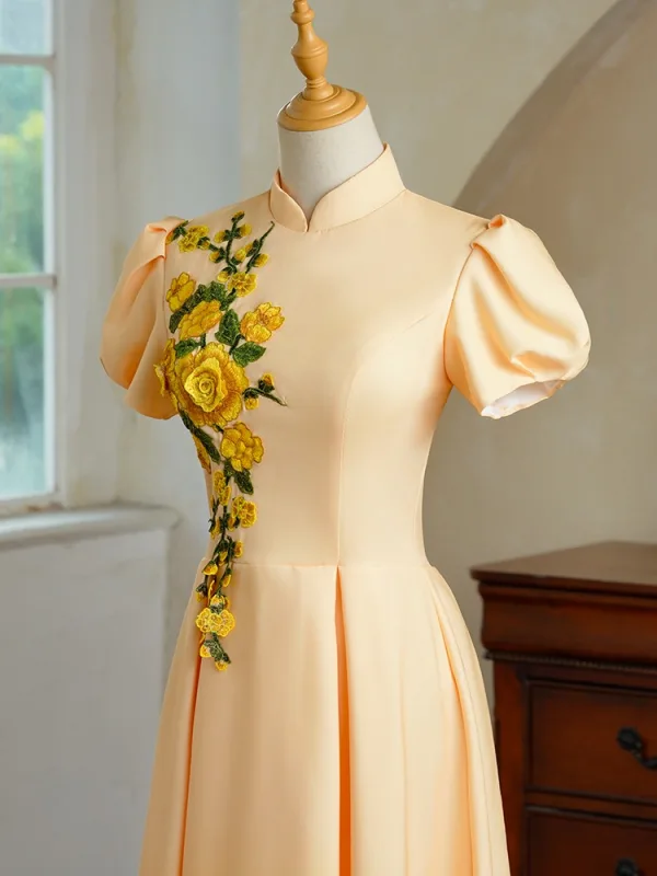 Vintage Farbverlauf Gelb Spitze Blumen Ballkleider 2025 A Linie Stehkragen Kurze Ärmel Lange Ball Festliche Kleider