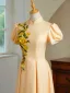 Vintage Farbverlauf Gelb Spitze Blumen Ballkleider 2025 A Linie Stehkragen Kurze Ärmel Lange Ball Festliche Kleider
