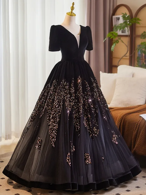 Elegante Schwarz Pailletten Ballkleider 2025 Ballkleid V-Ausschnitt Kurze Ärmel Rückenfreies Lange Ball Festliche Kleider
