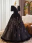 Elegante Schwarz Pailletten Ballkleider 2025 Ballkleid V-Ausschnitt Kurze Ärmel Rückenfreies Lange Ball Festliche Kleider