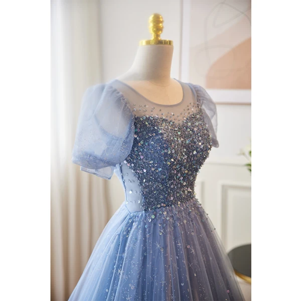 Chic / Beautiful Sky Blue Beading Sequins Prom Dresses 2023 A-Line / Princess Scoop Neck Short Sleeve Backless Floor-Length / Long Prom Formal Dresses