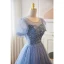 Chic / Beautiful Sky Blue Beading Sequins Prom Dresses 2023 A-Line / Princess Scoop Neck Short Sleeve Backless Floor-Length / Long Prom Formal Dresses