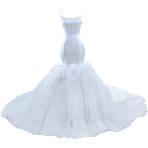 Haut de Gamme Blanche Volants Robe De Mariée 2022 Trompette / Sirène Bretelles Spaghetti Sans Manches Dos Nu Chapel Train Mariage