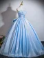 Elegant Sky Blue Satin Prom Dresses 2026 Ball Gown Strapless Sleeveless Backless Bow Floor-Length / Long Formal Dresses