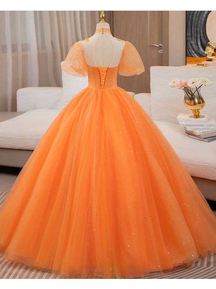 chinese dress ladies A Line V Neck Orange Backless Prom Dresses, Open Back Orange Formal Ev –  jbydress main image 0