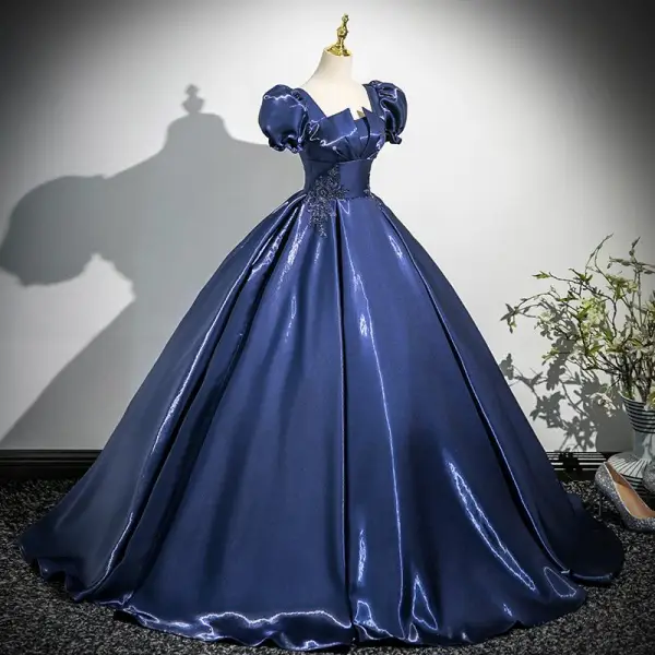 Vintage / Retro Navy Blue Beading Appliques Prom Dresses 2025 Ball Gown Square Neckline Puffy Short Sleeve Backless Floor-Length / Long Prom Formal Dresses