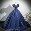 Vintage / Retro Navy Blue Beading Appliques Prom Dresses 2025 Ball Gown Square Neckline Puffy Short Sleeve Backless Floor-Length / Long Prom Formal Dresses