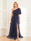 Schöne Marineblau Glanz Gespaltete Front Ballkleider 2024 A Linie One-Shoulder Seitlicher Reißverschluss Kurze Ärmel Rückenfreies Lange Ball Festliche Kleider