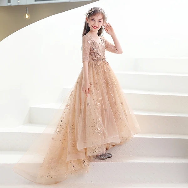 Charming Champagne Beading Sequins Prom Flower Girl Dresses 2022 A-Line / Princess V-Neck 1/2 Sleeves Backless Sweep Train Flower Girl Dresses