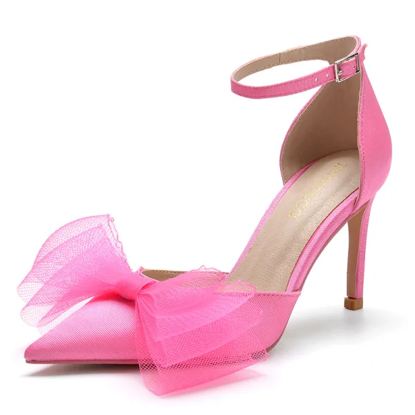 Schöne Fuchsie Schleife Ball Sandalen Damen 2023 Knöchelriemen 8 cm Stilettos Spitzschuh Sandaletten Hochhackige