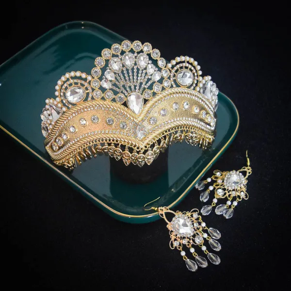 Traditional Champagne Rhinestone Pearl Pierced Bridal Hair Accessories 2022 Alloy Wedding Tiara