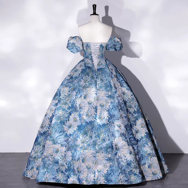 Elegant Pool Blue Printing Prom Dresses 2022 Ball Gown Off-The-Shoulder Short Sleeve Backless Floor-Length / Long Prom Formal Dresses
