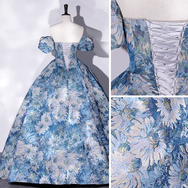Elegant Pool Blue Printing Prom Dresses 2022 Ball Gown Off-The-Shoulder Short Sleeve Backless Floor-Length / Long Prom Formal Dresses