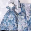 Elegant Pool Blue Printing Prom Dresses 2022 Ball Gown Off-The-Shoulder Short Sleeve Backless Floor-Length / Long Prom Formal Dresses