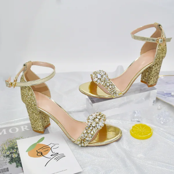 Sexy Doré Faux Diamant Paillettes Chaussure De Mariée 2023 8 cm Talons Épais Bride Cheville Peep Toes / Bout Ouvert Mariage Sandales Talons Hauts