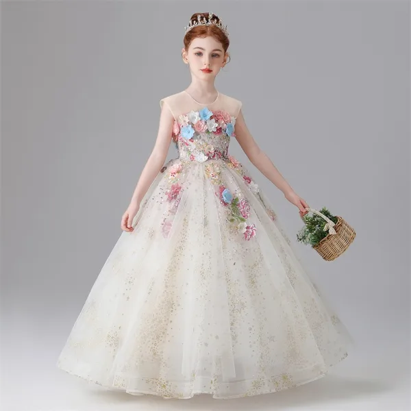 Flower Fairy Sky Blue Sequins Lace Flower Appliques Birthday Flower Girl Dresses 2025 Ball Gown Scoop Neck Sleeveless Floor-Length / Long