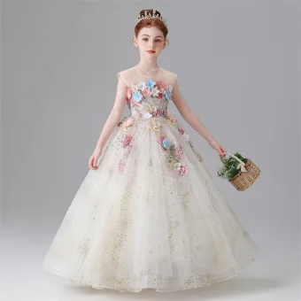 Fée Des Fleurs Blanche Perlage Paillettes Perle En Dentelle Fleur Appliques Anniversaire Robe Ceremonie Fille 2025 Robe Boule Encolure Dégagée Sans Manches Longue