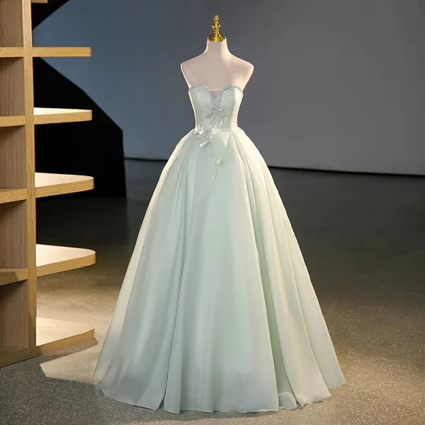 Elegant Sage Green Appliques Prom Dresses 2023 Ball Gown Strapless Sleeveless Backless Floor-Length / Long Prom Formal Dresses