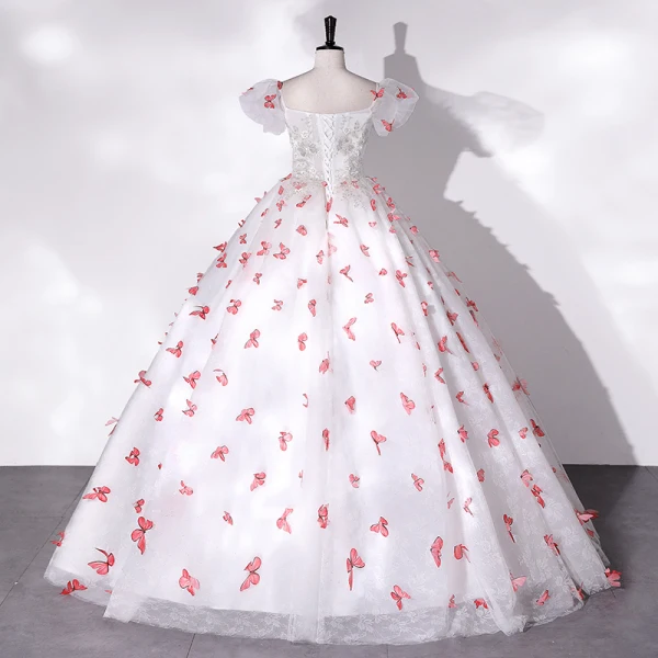 Chic / Beautiful White Prom Dresses 2022 Ball Gown Off-The-Shoulder Butterfly Appliques Sequins Lace Flower Short Sleeve Backless Floor-Length / Long Formal Dresses