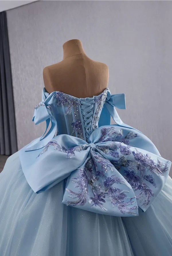 Luxury / Gorgeous Sky Blue Handmade  Beading Sequins Lace Flower Prom Dresses 2025 Ball Gown Off-The-Shoulder Sleeveless Backless Bow Floor-Length / Long