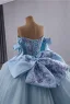 Luxury / Gorgeous Sky Blue Handmade  Beading Sequins Lace Flower Prom Dresses 2025 Ball Gown Off-The-Shoulder Sleeveless Backless Bow Floor-Length / Long