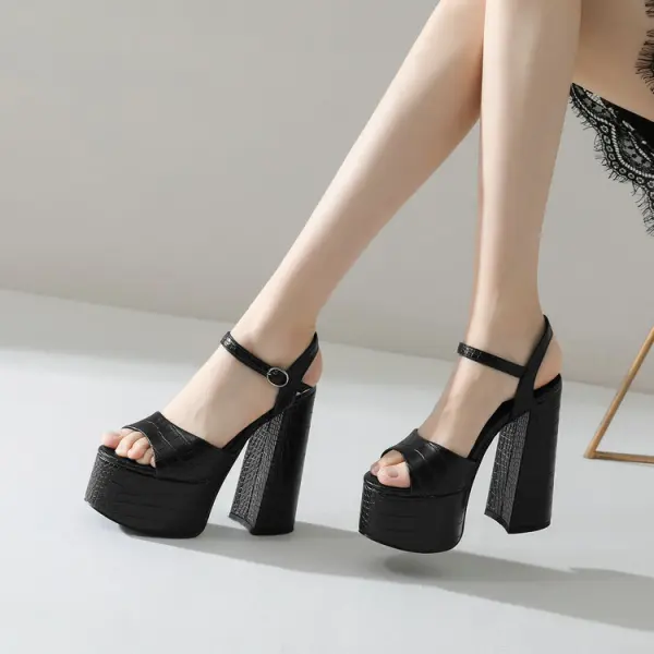 Fashion Black Cocktail Party Summer Womens Sandals 2022 Ankle Strap 14 cm Thick Heels High Heels Open / Peep Toe Sandals