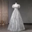 Elegant Grey Beading Pearl Sequins Prom Dresses 2023 Ball Gown Square Neckline Bow Sash Short Sleeve Backless Floor-Length / Long Prom Formal Dresses