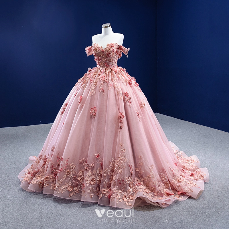 Flower Fairy High-end Blushing Pink Prom Dresses 2022 Ball Gown  Off-The-Shoulder Pearl Lace Flower Appliques Short Sleeve Backless Court  Train Formal Dresses