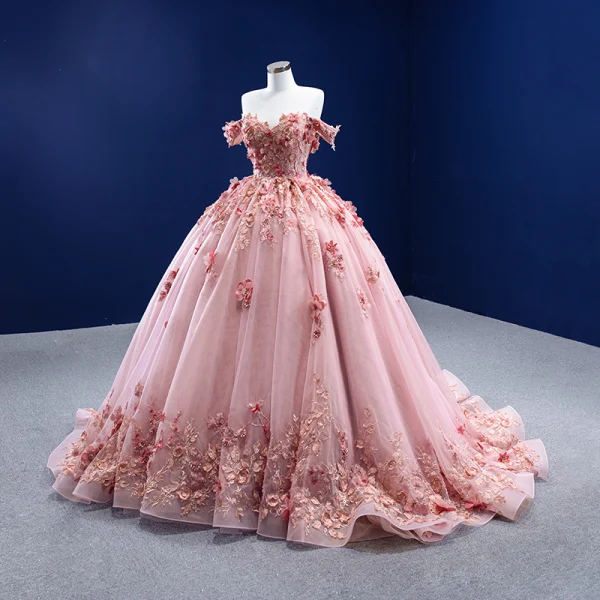 formal pink prom dresses Princess Pink Prom Dress with Train,Long Formal Dresses Graduation – jkprom main image 0
