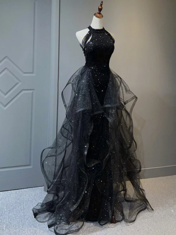 Charming Black Beading Tassel Sequins Cascading Ruffles Evening Dresses 2023 Trumpet / Mermaid Scoop Neck Sleeveless Evening Party Floor-Length / Long Formal Dresses