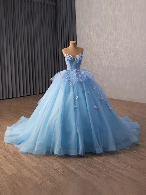 Blumenfee Himmelblau Applikationen Perle Ballkleider 2026 Ballkleid Bandeau Ärmellos Rückenfreies Kapelle-Schleppe Festliche Kleider
