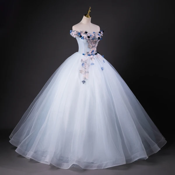 Chic / Beautiful Sky Blue Beading Sequins Appliques Prom Dresses 2023 Ball Gown Off-The-Shoulder Sleeveless Backless Floor-Length / Long Formal Dresses