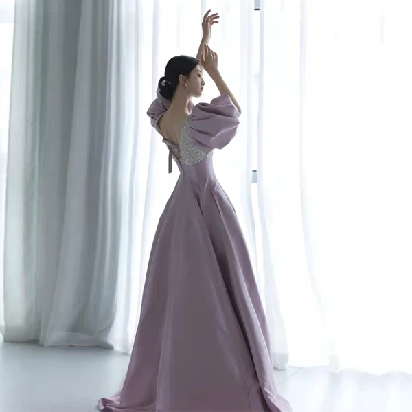 Elegant Lavender Glitter Pearl Sequins Prom Dresses 2022 A-Line / Princess V-Neck Puffy Short Sleeve Backless Floor-Length / Long Formal Dresses