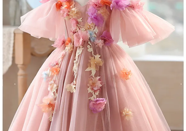 Chic / Beautiful Blushing Pink Lace Flower Appliques Birthday Flower Girl Dresses 2026 Ball Gown Scoop Neck Short Sleeve Backless