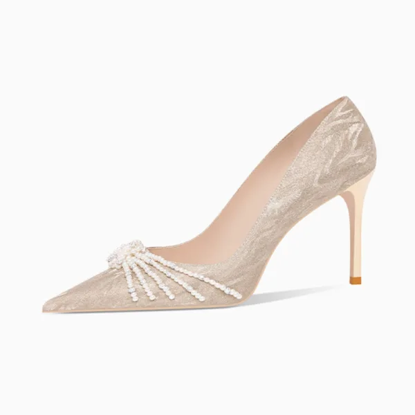Charmant Gold Perle Pailletten Brautschuhe 2022 Leder 8 cm Stilettos Spitzschuh Hochzeit Pumps Hochhackige