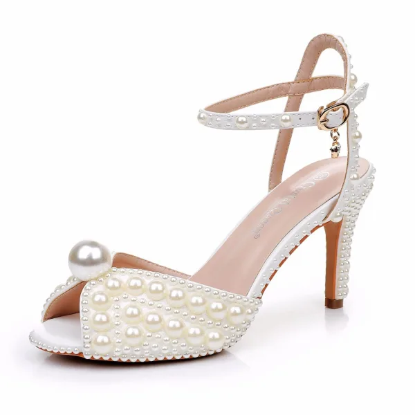 Elegant White Pearl Wedding Shoes 2024 Ankle Strap 8 cm Stiletto Heels Open / Peep Toe Wedding Sandals High Heels